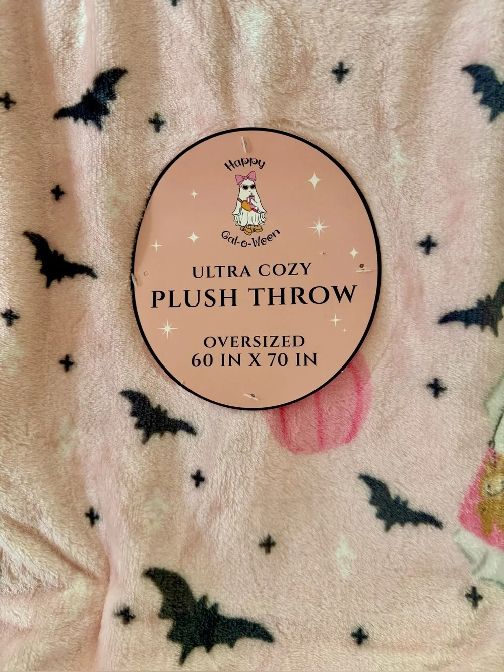 Pink Halloween Ghost Bats Pumpkins Black Kitty Cat Throw Blanket 50” x 70”